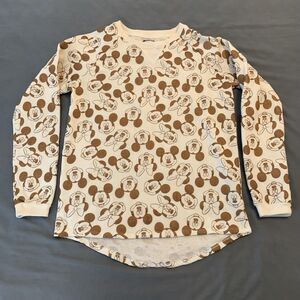 Disney Mickey Mouse Shirt Youth Large 11-13 Brown All Over Print Long Sleeve